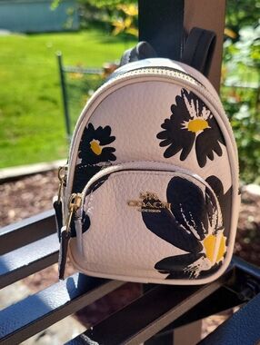 Coach White Mini Backpack with Black & Yellow Floral Print